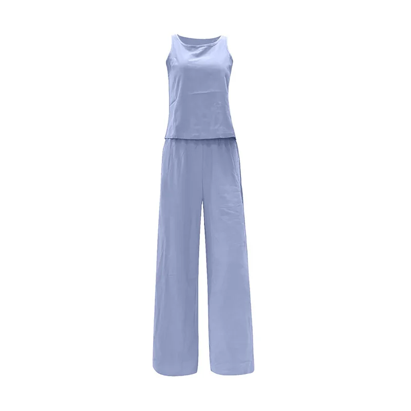 

Spring Summer Women Two Piece Sets Cotton Linen Sexy O-Neck Sleeveless Shirt And Wide Leg Pants Suit Ladies Solid Casual Outfits