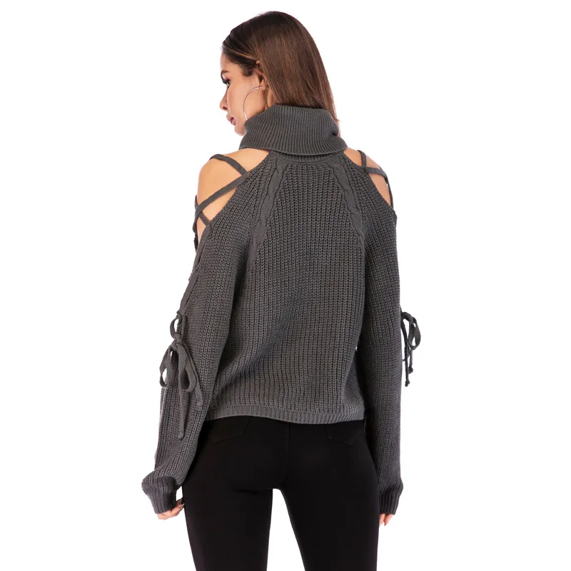 GEWINZEE Knitted Turtleneck Pullover Women's Sweaters Sexy Bandage Strapless Short Sweter Hollow Out Sleeve Jumper Pull Femme | Женская