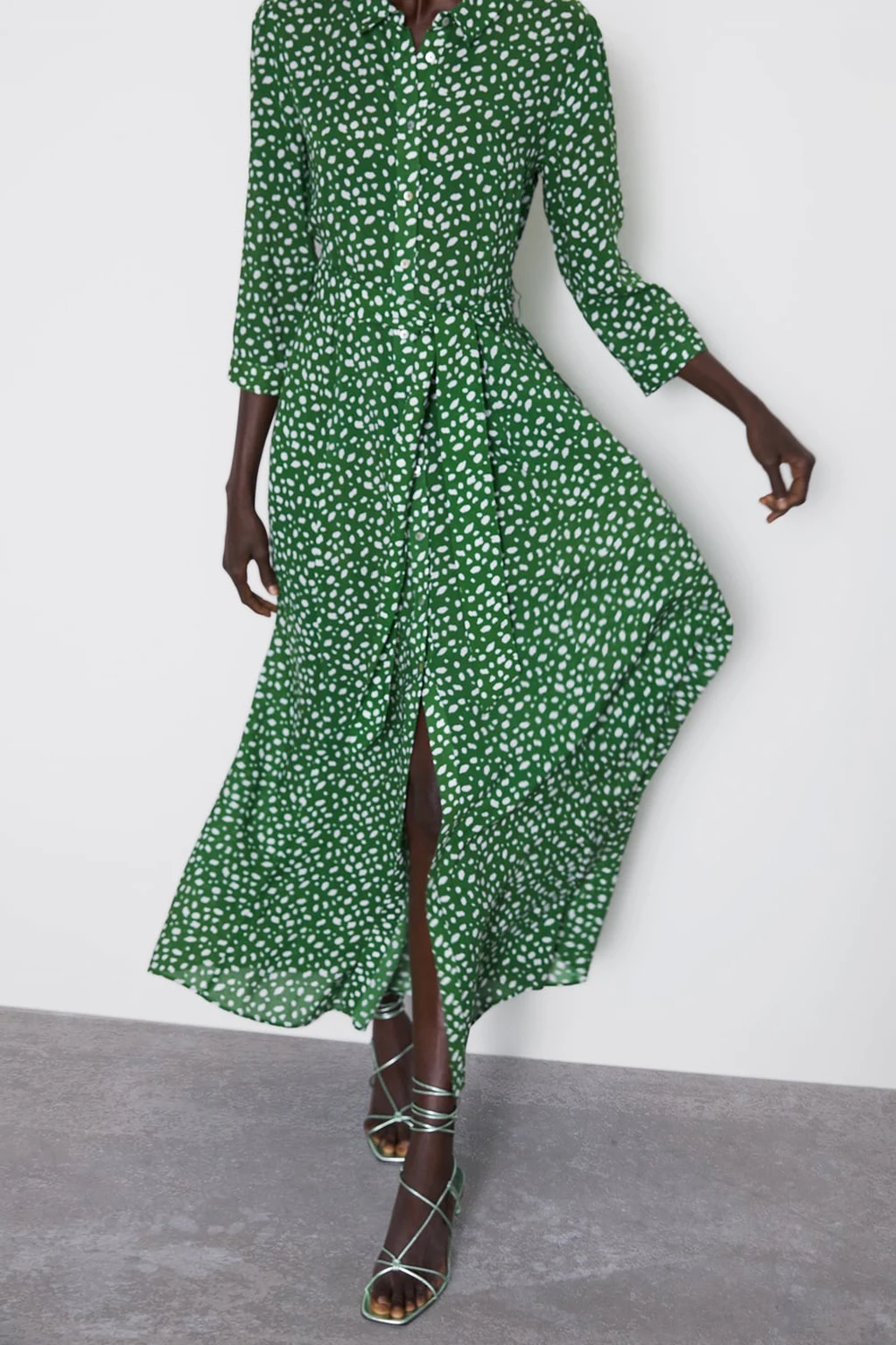 Trendy ZA Green White Dot Print Long Dress Women Boho Turn-Down Collor Belt Split Hem Design Charm Elegant Autumn Style Dress