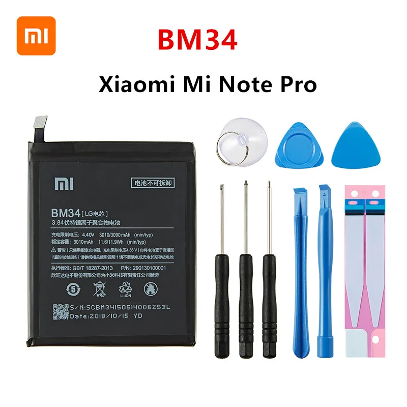 

Xiao mi 100% Orginal BM34 3010mAh Battery For Xiaomi Mi Note Pro BM34 4GB RAM High Quality Phone Replacement Batteries +Tools