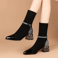 women mid calf bootselastic flockautumnwinter shoes 2020pointed toeshining square heelfashion female footwareblack
