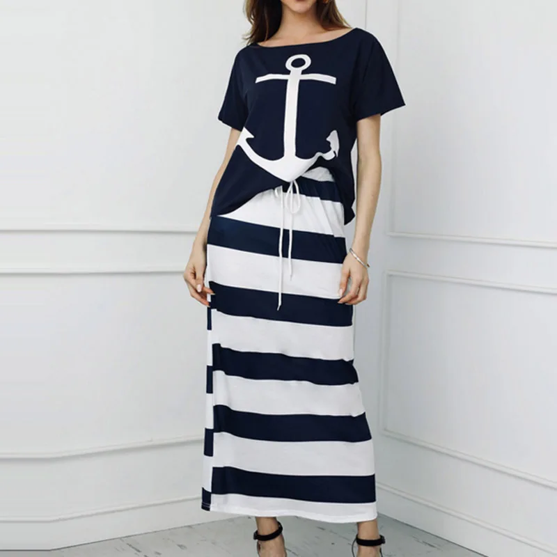 02 Blue Set Dress VIEUNSTA S-5XL, Женский Топ с открытыми плечами и юбка, комплект из двух предметов, платье, осенняя блузка с рукавами летучая мышь, рубашка, Полосатое платье с карманами и принтом - Цвет: 02 Blue Set Dress
