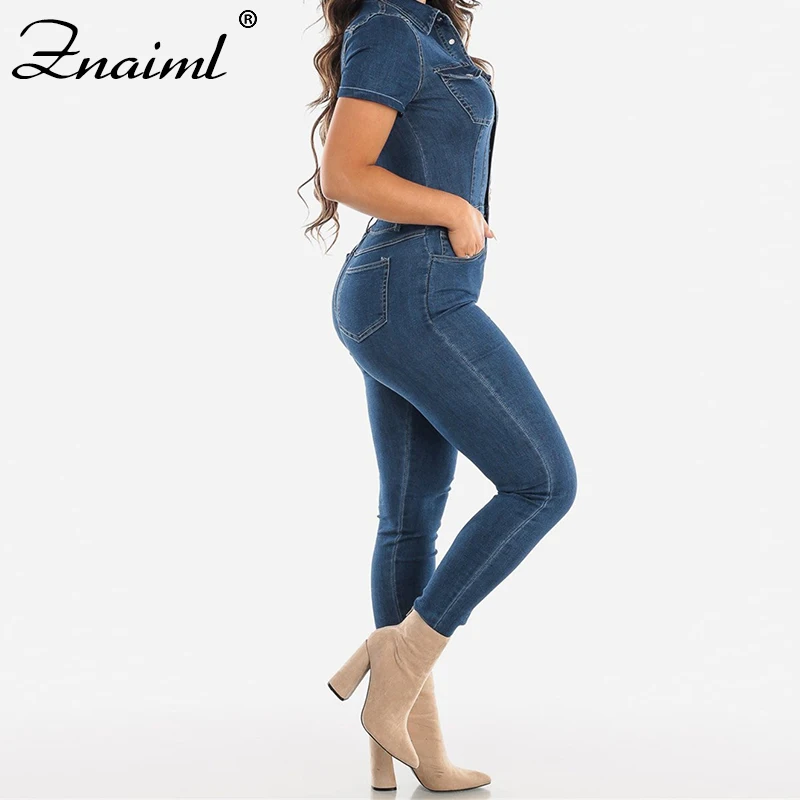 Комбинезон женский джинсовый с коротким рукавом пикантный однобортный