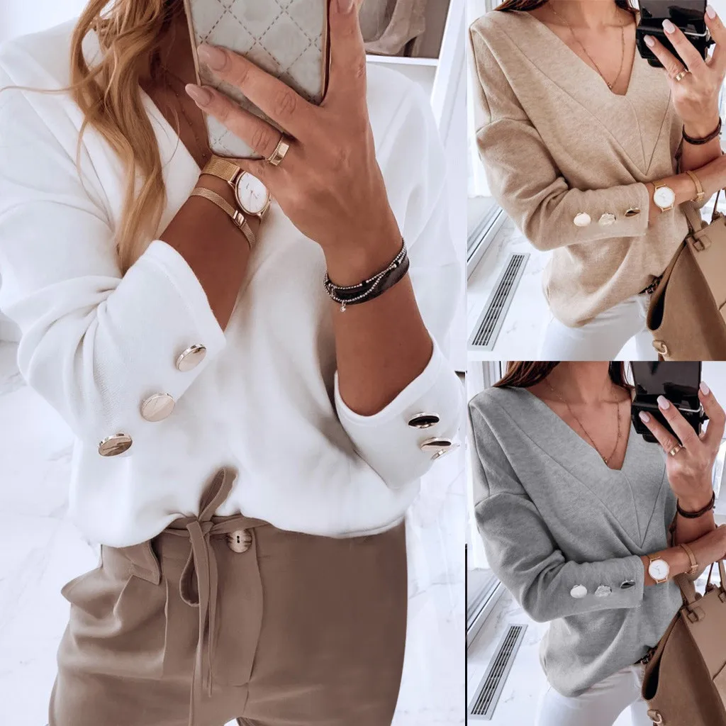 Женский джемпер с v образным вырезом повседневный трикотажный пуловер длинным