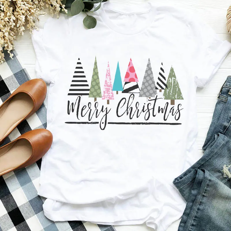 

Женская Полосатая футболка с рождественским принтом елки, Женская свободная футболка с коротким рукавом и круглым вырезом, летняя женская ...