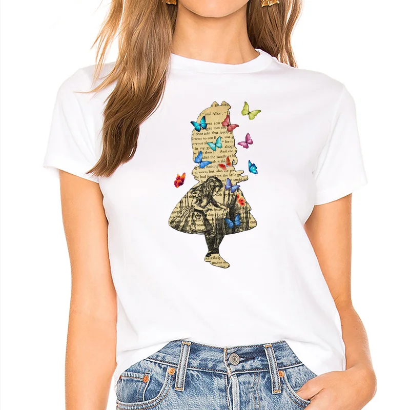 

Fashion retro style street trend cartoon Alice Wonderland lovely print woman's T-shirt Harajuku summer loose short sleeves Tops