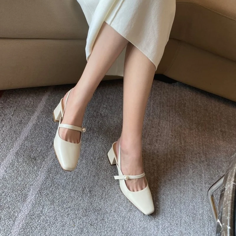 

Spring/Summer Platform High Heels Women's Single Shoes Square Toe Pearl Buckle Back Empty Pumps Ladies Sandals Shoe for Women