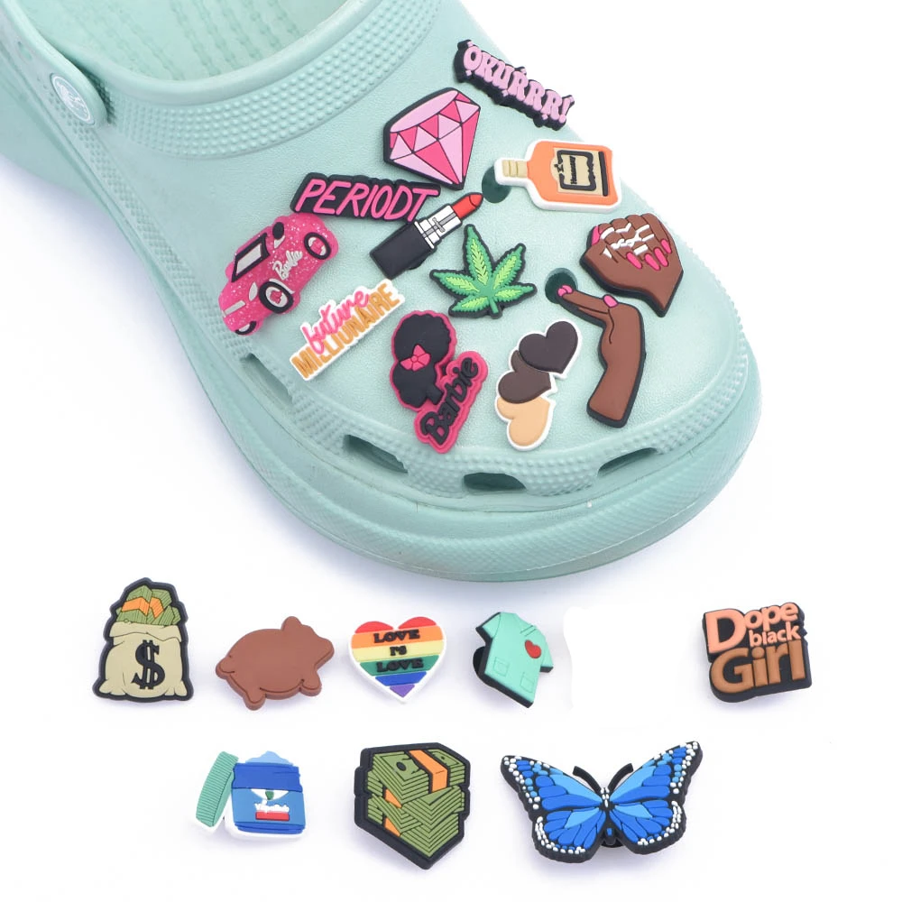 High Quanlity Women Croc Charms Shoes PVC Butterfly Decaration Kid's Gift Accessories Diamonds Dope Black Girl Magic BLM Buckle