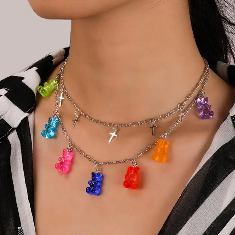 

Cute Gummy Cartoon Bear Cross Necklaces For Women Christmas Gift Candy Color Pendant Necklace Female Daily Party Jewelry