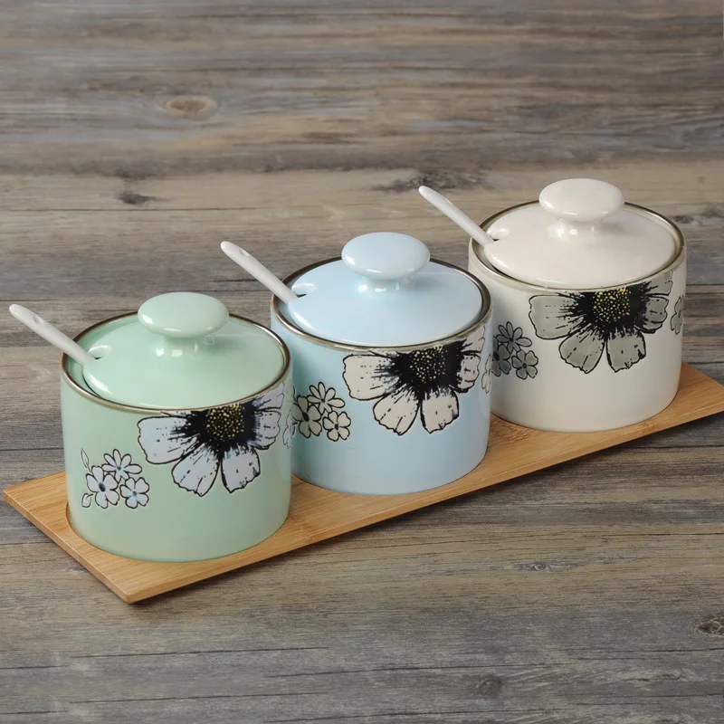 Ручная роспись идиллическая птица стиль ветер приправа банка с крышкой Ложка