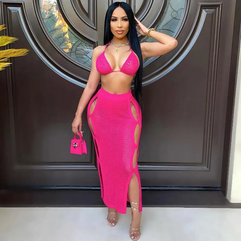 

Женский трикотажный костюм из 2 предметов, элегантный комплект из жилета и длинной юбки с высокой талией, весна-лето 2021