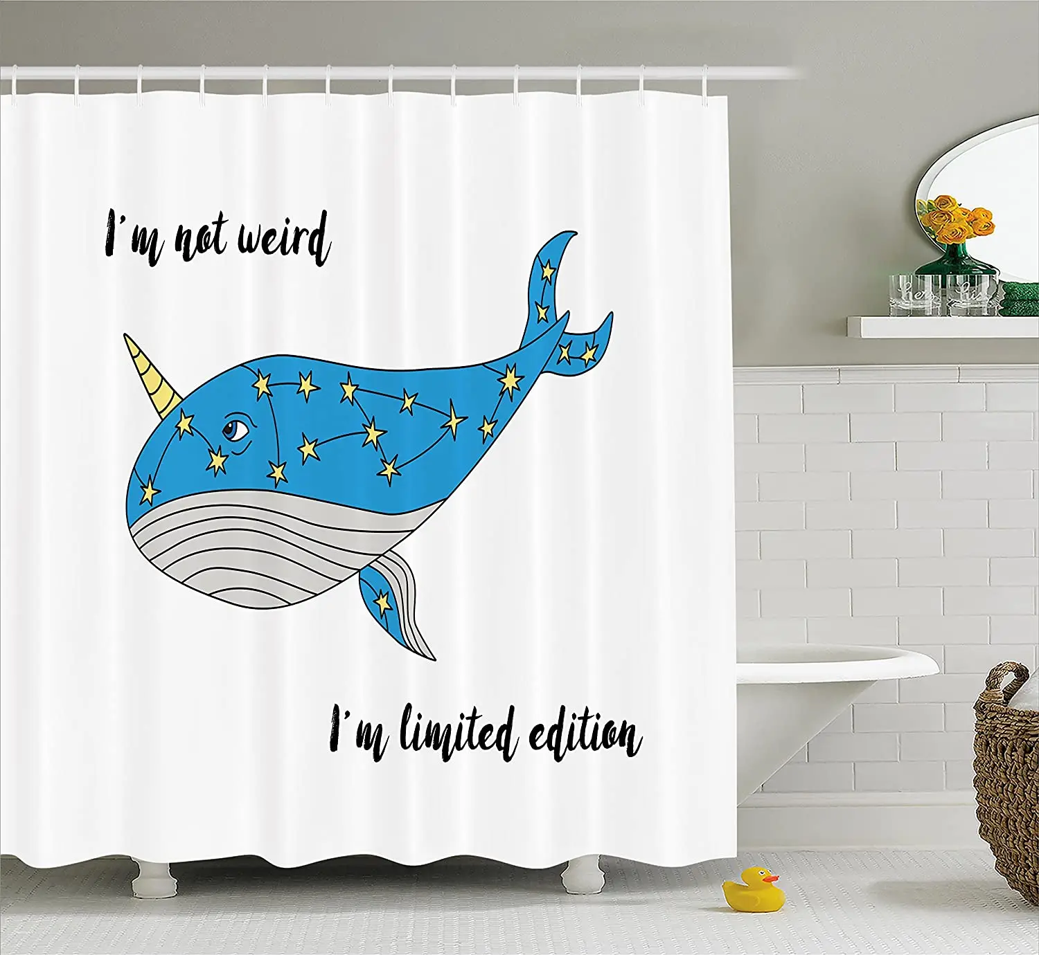 

Занавеска для душа Narwhal с рисунком голубого Кита из мультфильма, с мотивирующей цитатой, водонепроницаемая занавеска для ванной из полиэсте...