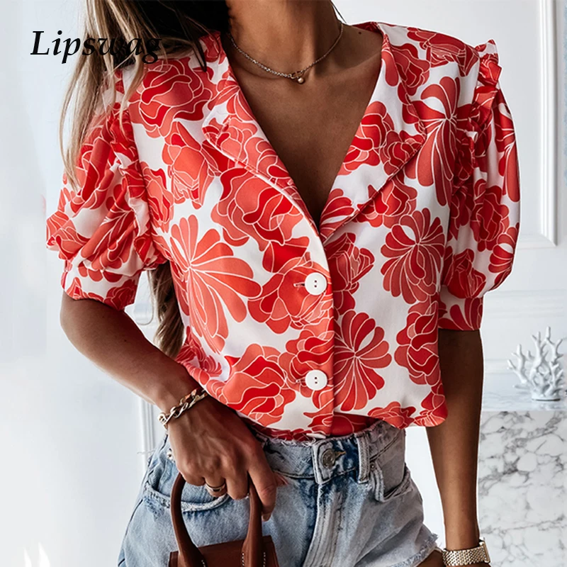 

Summer Turn Down Collar Button Shirts Vintage Printed Short Sleeve Casual Blouses Office Lady Sexy Elegant V Neck Tops Clothes