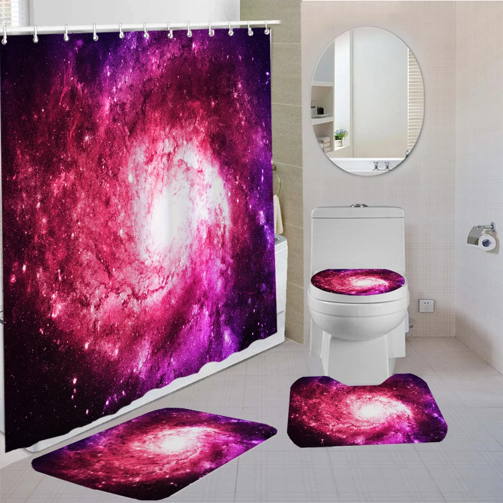 

3/4 Pieces Galaxy Starry Sky Shower Curtains Sets Carpet Toilet Mat Bathroom Shower Curtain 3D Printing Bathroom Non-slip Set