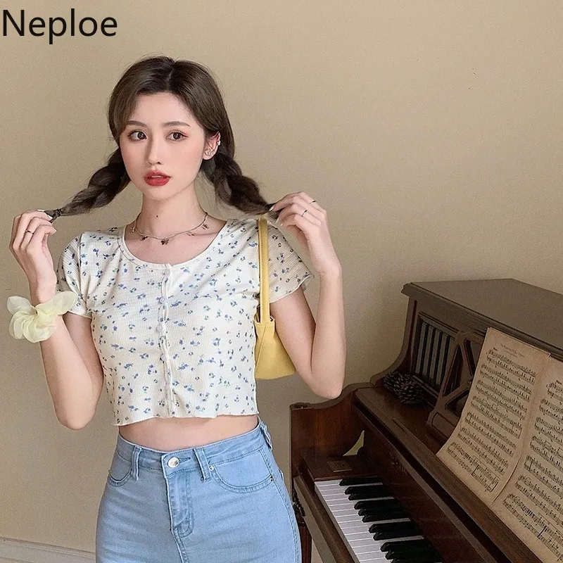 Женская трикотажная футболка Neploe с цветочным принтом милые женские топы круглым