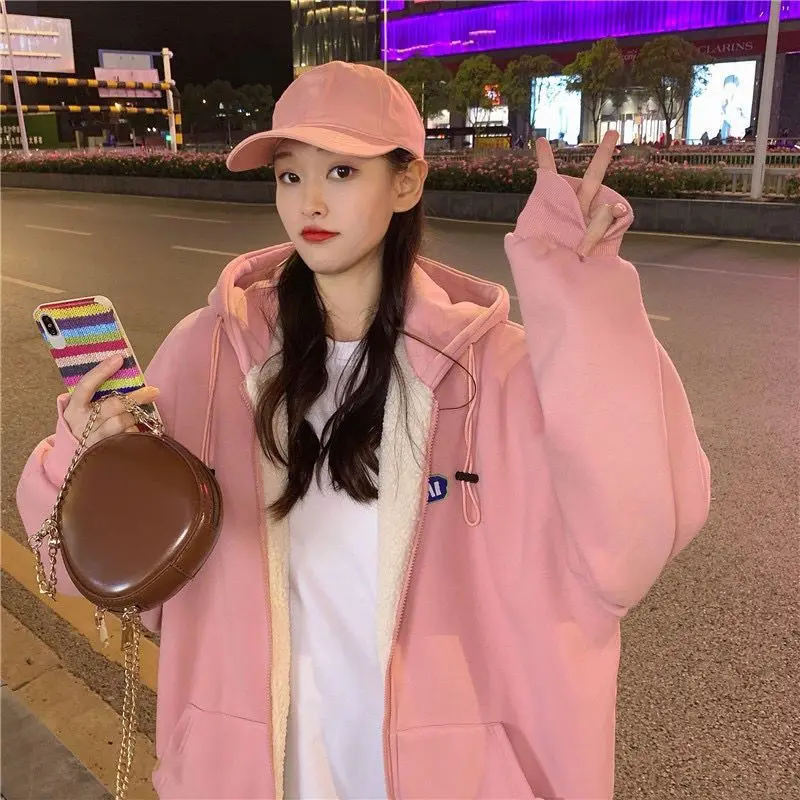 

Autumn-winter Korean Lamb Wool Hoodies 2021 New Plus Velvet Thick Warm Loose Hooded With Zipper Casual Solid Color Sweater Coat