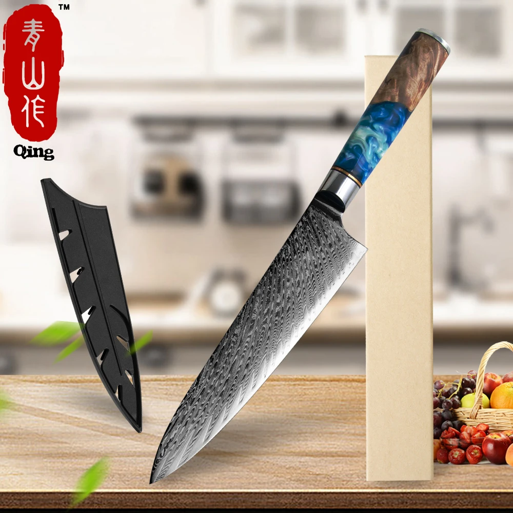 Qing бренд 8 дюймов Дамасская сталь Профессиональный кухонный нож шеф повара