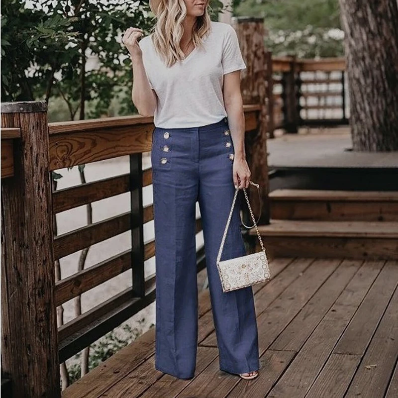 

Women High Waist Pants Women's Cotton and Linen Solid Color Casual Double-breasted Button Wide-leg Pants Temperament Trousers