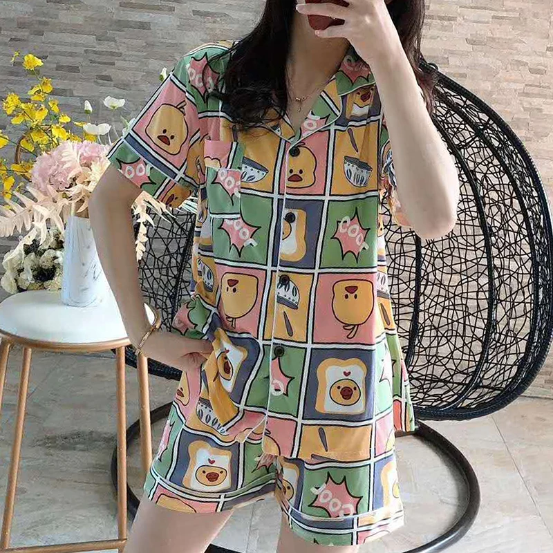 

Лето; Футболка с принтом; Короткий Шелковая пижама с коротким рукавом, комплект из двух предметов, комплект для женщин Пижама, пикантная сор...