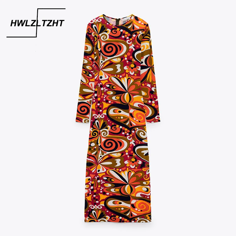 

HWLZLTZHT 2021 осеннее платье, женские платья миди с принтом, элегантное платье с длинным рукавом для выпусквечерние вечера, винтажное Длинное Пла...