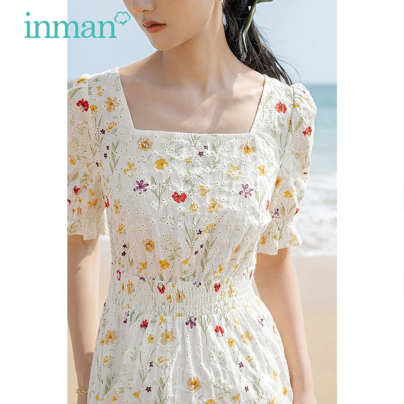 

INMAN Summer Dress Women Elegant Floral Print Waist Smocking Design Flower Sleeve Lady One Piece