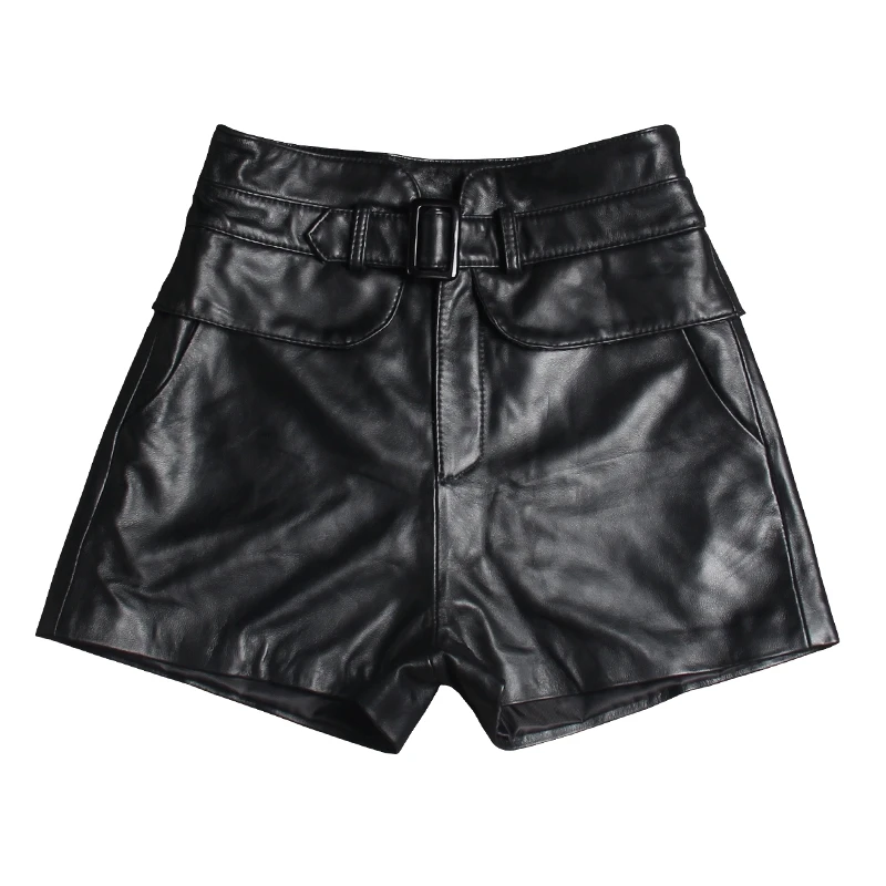 

High Waist Genuine Leather Shorts Femme Design Slim Sheepskin Wide Leg Short Pants 2021 New Street Red Black Ladies Sexy Shorts