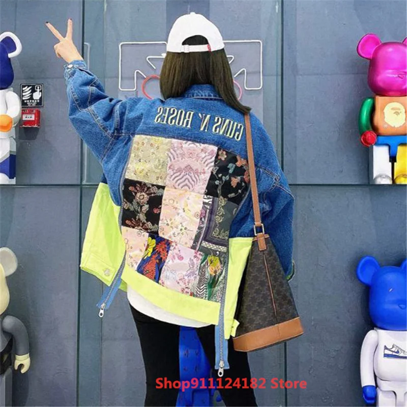 

2021 Hot Sale Spring New National Style Loose Large Size Satin Pattern Stitching Denim Cardigan Lapel Long Sleeve Jacket Women