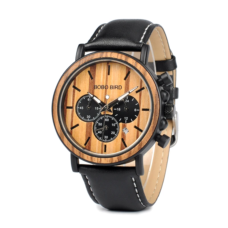BOBO BIRD деревянные часы для мужчин Секундомер Хронограф relojes hombre Показать дату деревянные кварцевые наручные часы Мужские часы в подарочной коробке - Цвет: P09-2 LEATHER STRAP