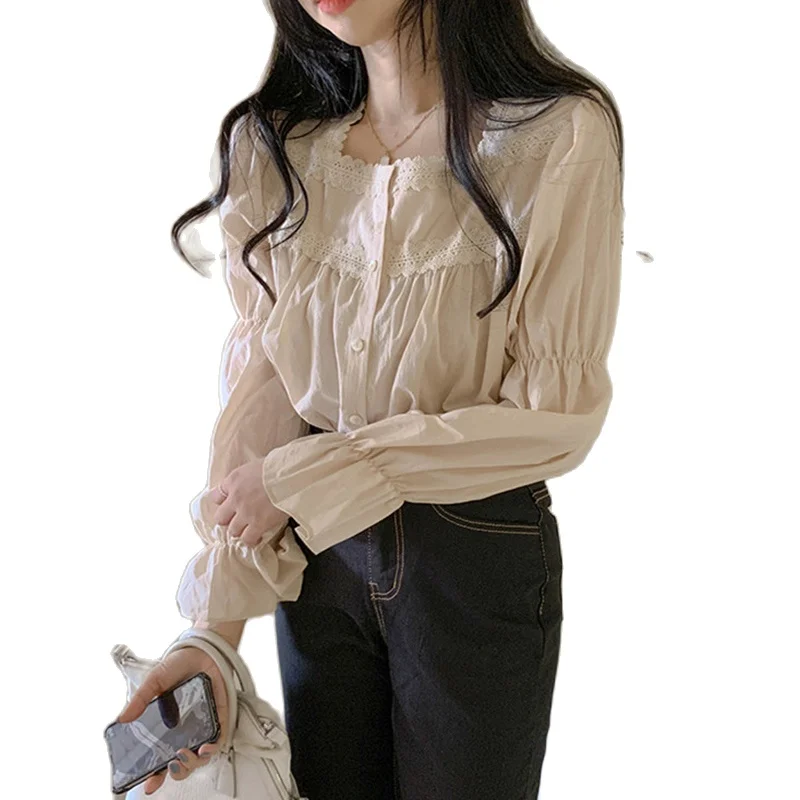 

Lace Solid Women Shirts Summer New Square Collar Flare Sleeved Slim Office Lady Elegant Outwear Tops