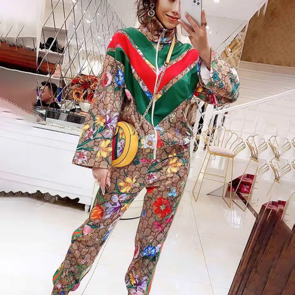

European Goods Spring/Summer 2021 New Internet Celebrity Floral High Quality Real Shot Printed Coat Elastic Waist Pants Suit