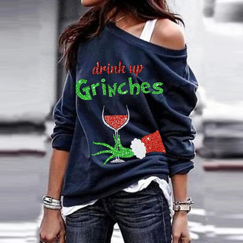 

2020 Autumn Christmas Grinch Long Sleeve Off Shoulder Sweatshirt Casual Women O Neck Fleece Hoodies Sexy Streetwear Pullovers