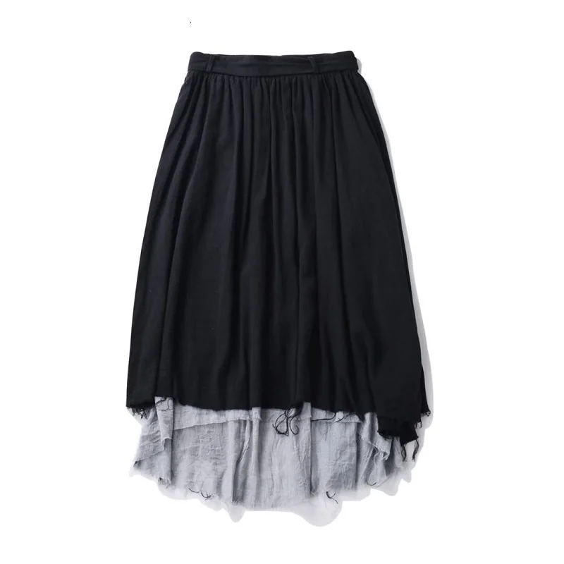 

UMI MAO Spring Irregular Cotton And Linen Contrast Stitching Frayed Skirt Dark Black Loose Female Midi Skirt