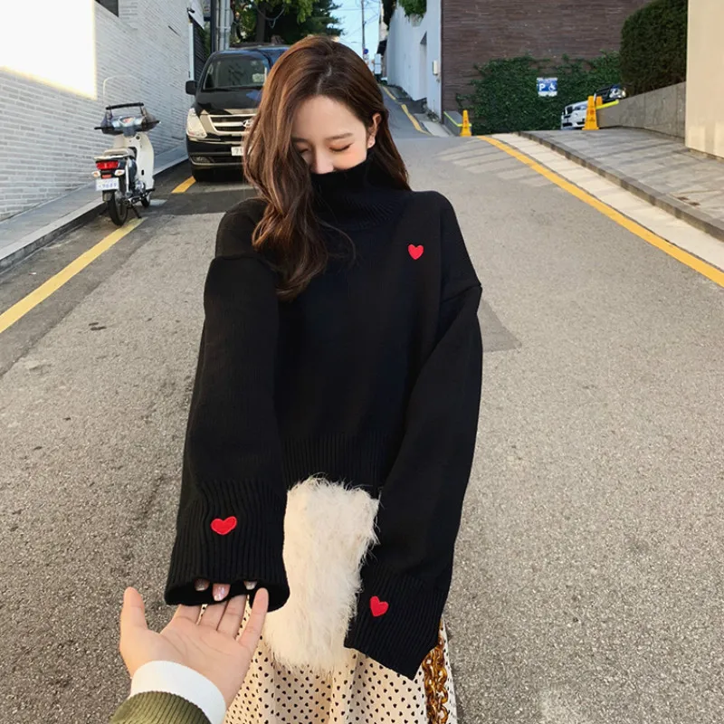 Turtleneck Sweater Women Printed Embroidery Simple Korean Style Harajuku Soft Warm Loose Students Streetwear Knitted Womens Chic | Женская