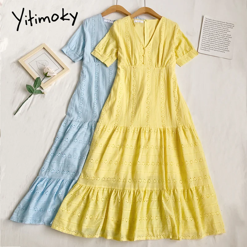 

Платье Yitimoky женское с вышивкой, винтажное ажурное Макси-платье с коротким рукавом и V-образным вырезом, Повседневная модная одежда желтого ц...