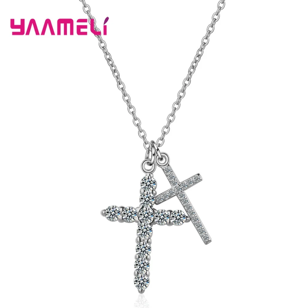 

Shimmer Double Cross Pendants CZ 925 Sterling Silver Pendant Necklaces Choker New Statement Necklace Women Wedding Jewelry