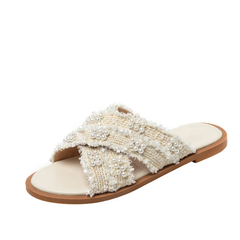 

Woman's Slippers Women Ladies Open Toe PU Pearl Non Slip Flat Shoes Woman Comfortable Casual Indoor Slippers Female 2020 New Hot