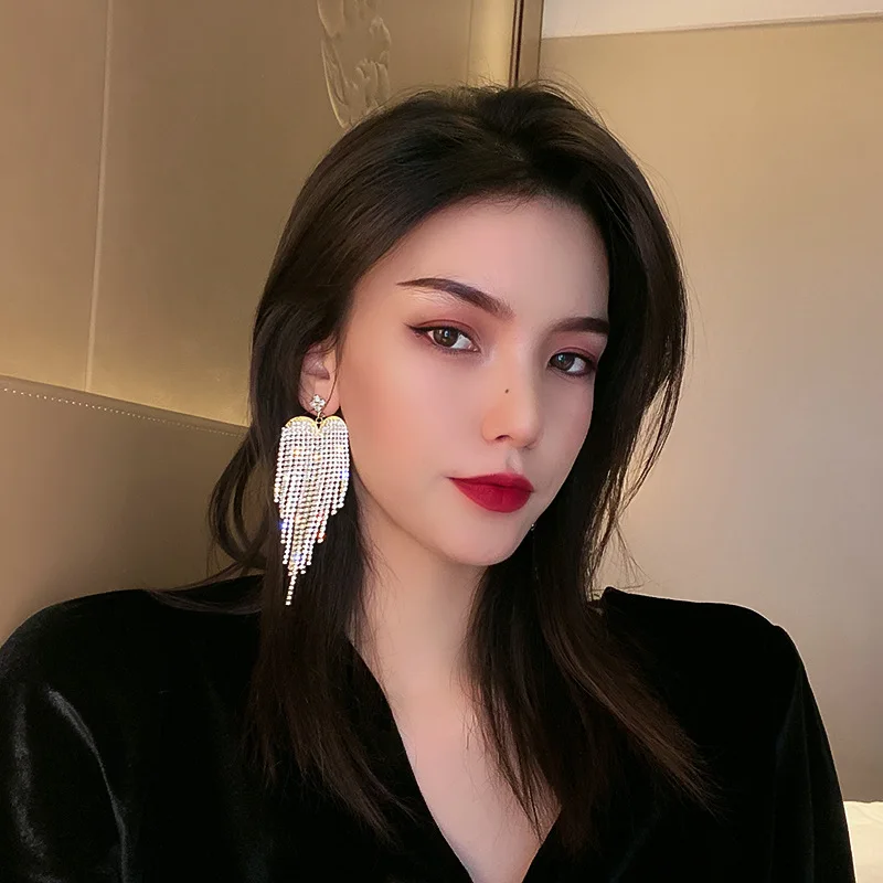 

925 Silver Needle European And American Fashion Exaggeration Love Full Diamond Tassel Earrings Net Red Long Simple Pers