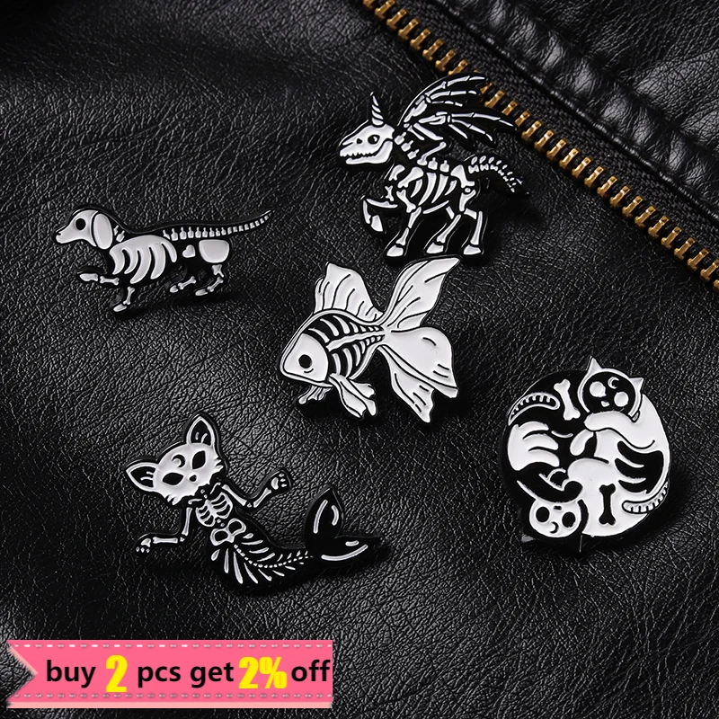 Эмалевые значки в виде животных скелета кошка собака броши рыба панк Готическая