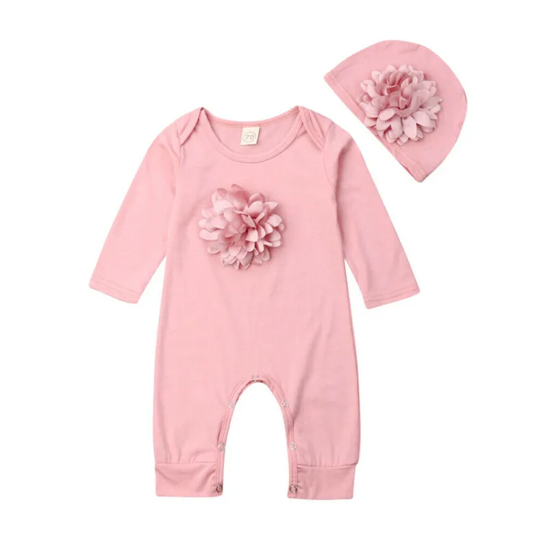 2PCS Newborn Baby Girl Clothes 3D Flower Long Sleeve Romper Jumpsuit Hat Autumn Outfit Set | Мать и ребенок