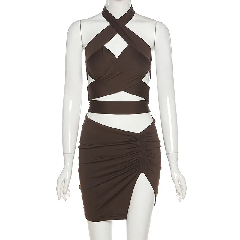 

WJFZQM Women Sexy Halter Neck Vests Clubwear Matching Outfits Two Piece Sets Brown Bandage Backless Tops Ruched Slit Mini Skirts
