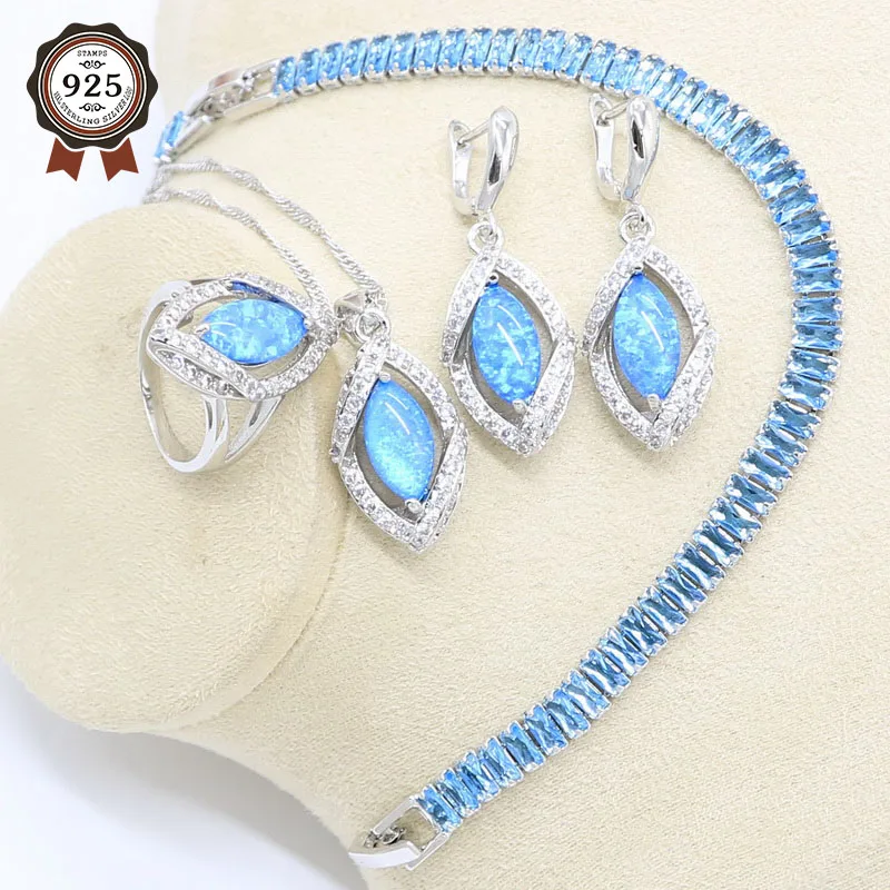 Серьги с голубым огненным опалом ожерелье кольцо подвеской серебряный цвет