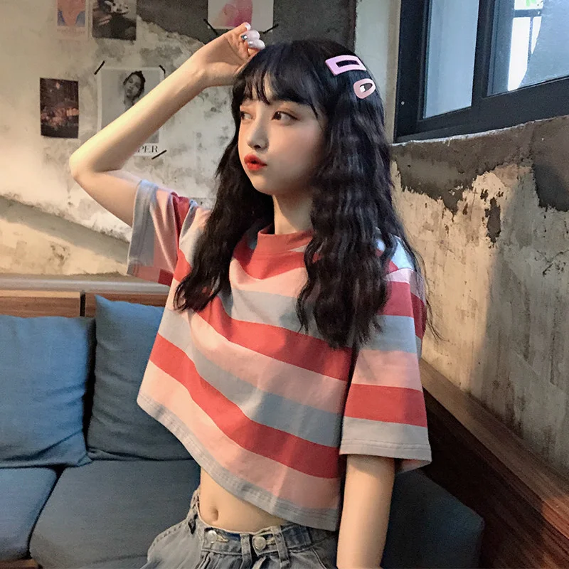 

Женская футболка-поло в радужную полоску, свободная футболка с коротким рукавом и высокой талией в Корейском стиле, элегантная одежда, 2021