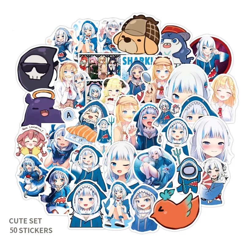 Pegatinas de dibujos animados Kawaii Anime Girl Gawr Gura, calcoman&iacute;as impermeables de tibur&oacute;n, pegatina para patineta para guitarra port&aacute;til, 50 Uds.-4
