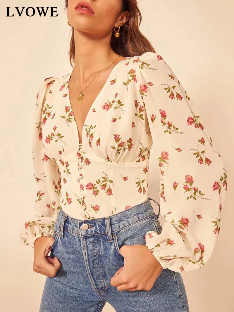 

New Style Sexy Woman Dlouse Floral Print Chiffon Deep V-Neck Blouse Shirt Fluffy Long-Sleeved Ladies Crop Top Female