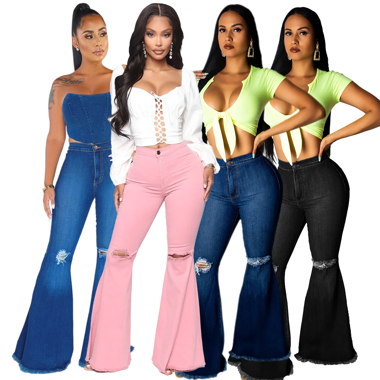 

HAOOHU 2020 new women's ripped jeans pants fashion casual all-match solid high waist tigh hole hollow out full Flare Pants