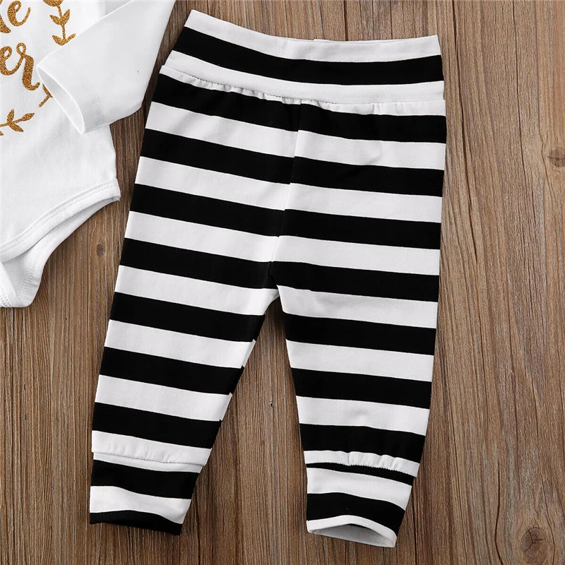 0-12M Baby Girls Boys Clothes 3PCS Toddler Letter Print Top Pants Headband Stripe Outfits Set roupa infantil | Детская одежда и