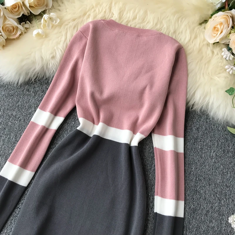 ALPHALMODA осенне-зимнее женское трикотажное платье хит цвета новое ретро с высокой талией цветное с длинным рукавом тонкое трикотажное цельное платье