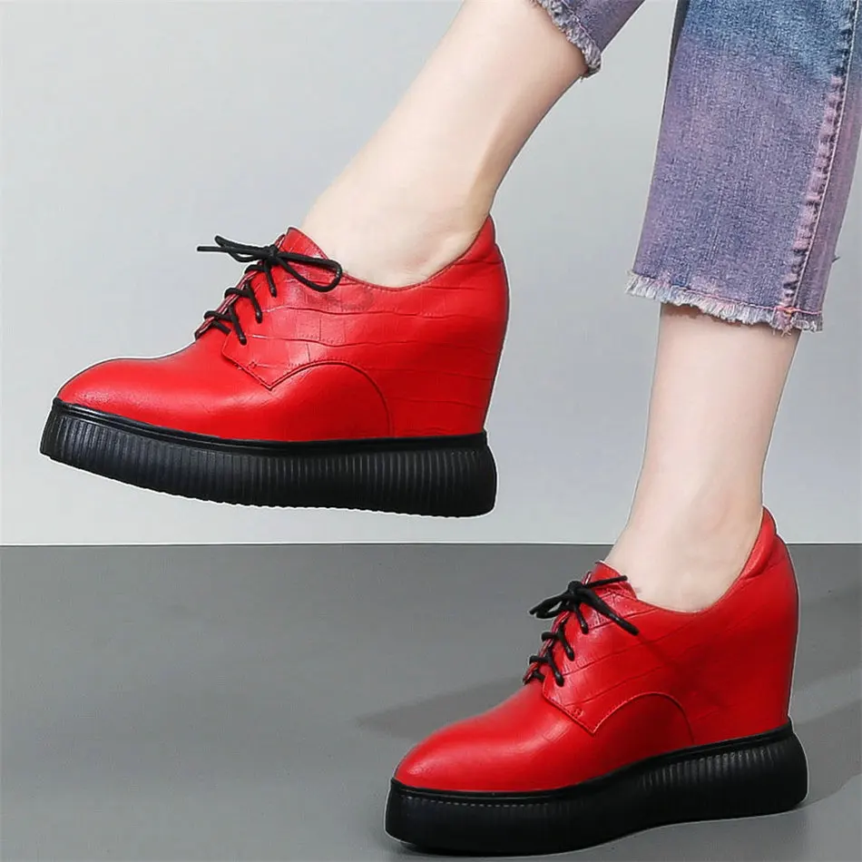 

Ankle Boots Women's Genuine Cow Leather Platform Wedge High Heel Loafers Oxfords Lace Up Party Creeper Shoes