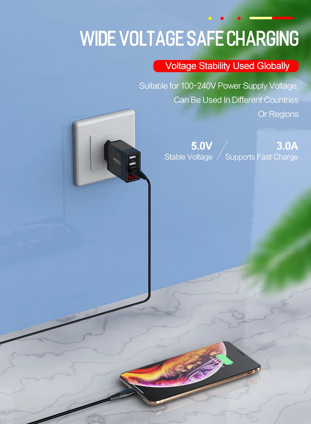 ROCK QC 3,0 30 Вт 3 USB зарядное устройство для быстрой зарядки телефона светодиодный дисплей для iPhone Xiaomi samsung huawei 3 порта Быстрый Настенный адаптер Turbo
