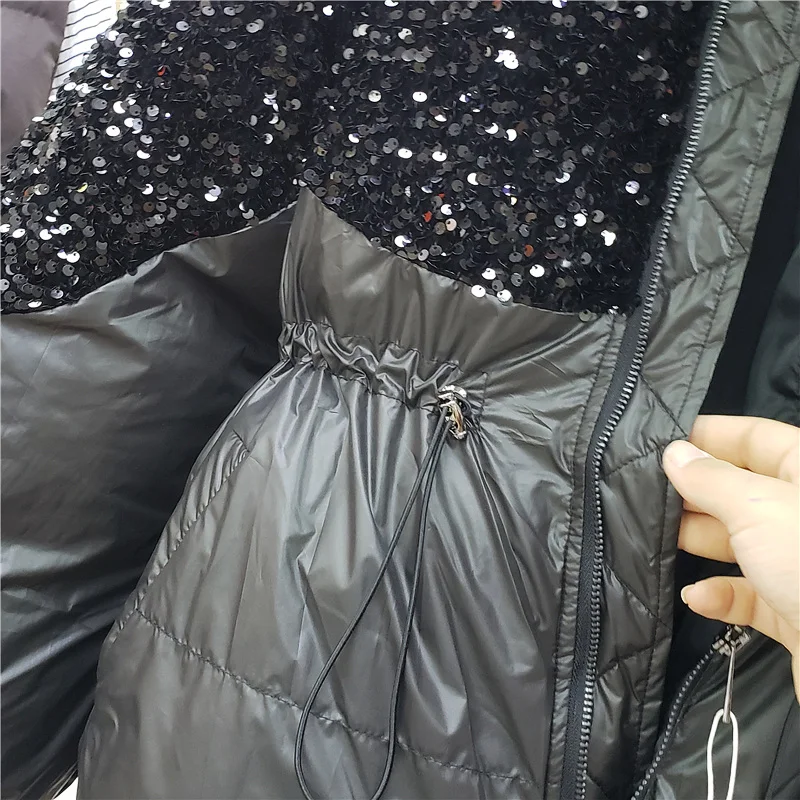

2021 Winter Women New Fashion Black Bling Sequins Cotton Jacket Drawstring Stand Collar Parkas Zipper Thickening Outwear
